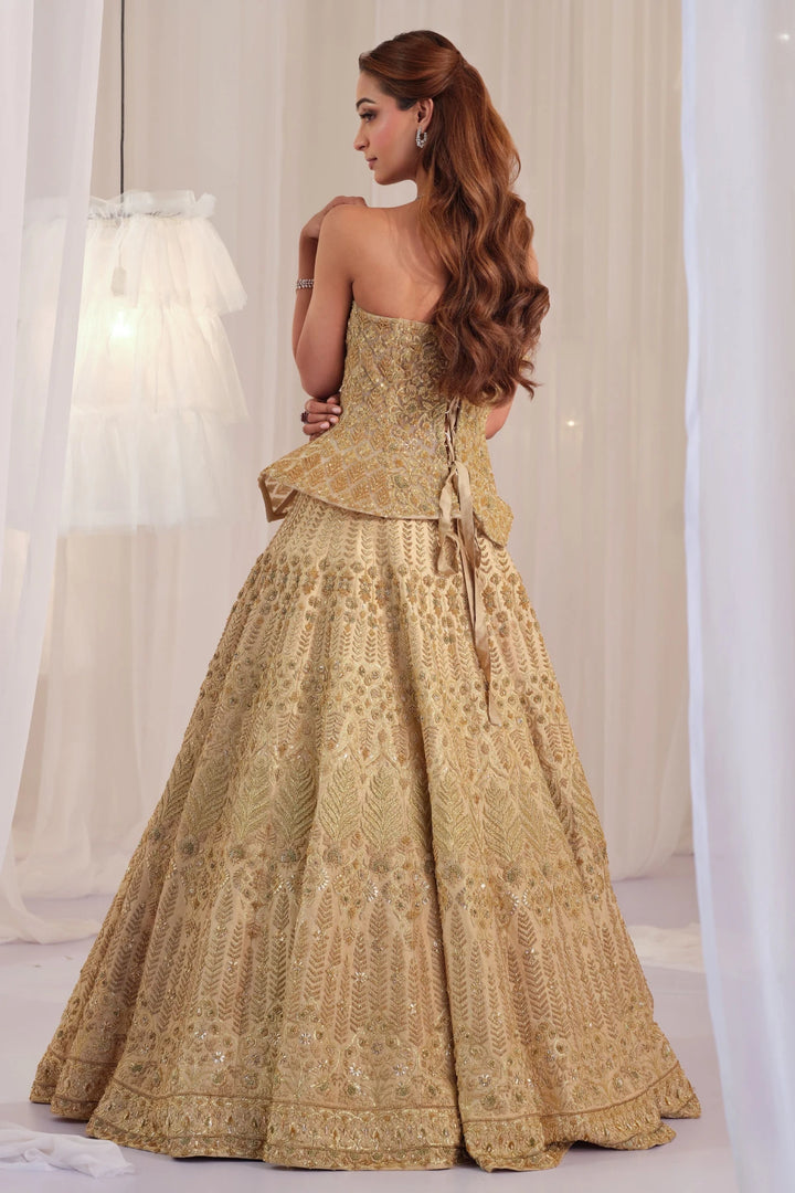 Gold Hand Embellished Sculpted Corset With Raw Silk Lehenga & Dupatta