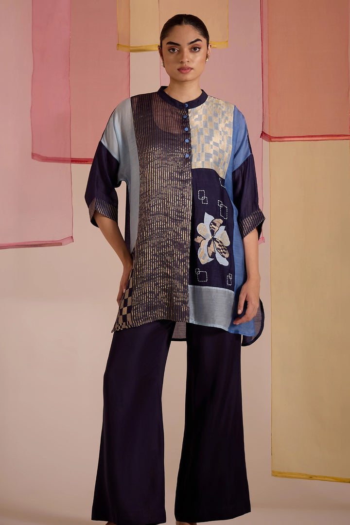 Blue Floral Applique Kimono Pant Set