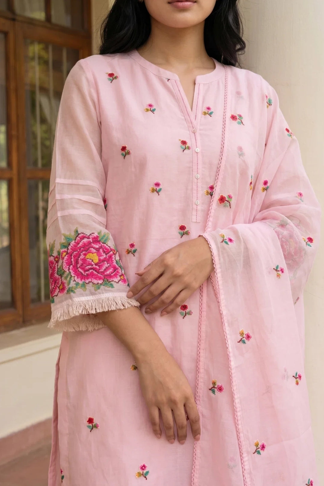 Zia Cross-Stitch Pure Mul Chanderi Kurta Set