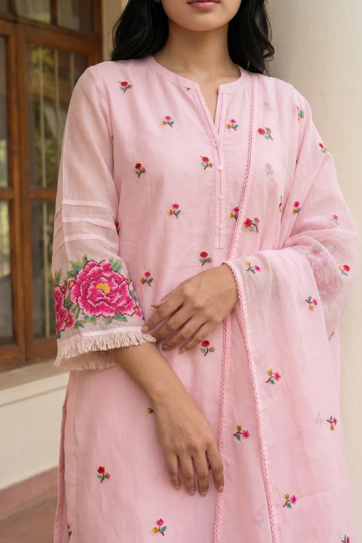 Zia Cross-Stitch Pure Mul Chanderi Kurta Set