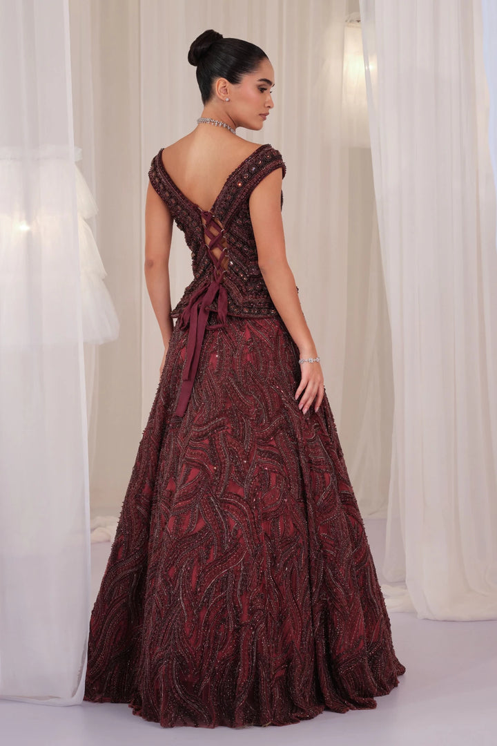 Deep Wine Hand Embellished Corset With Lehenga