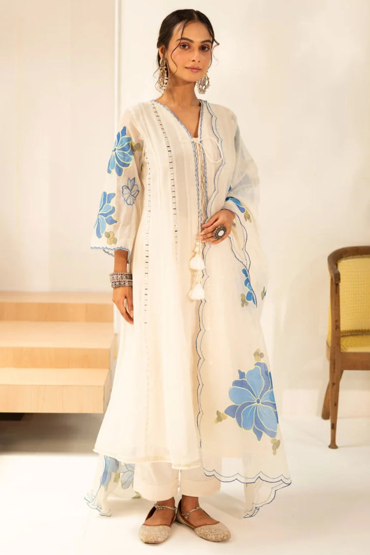 Zoya Mul Chanderi Anarkali Set in Off-White