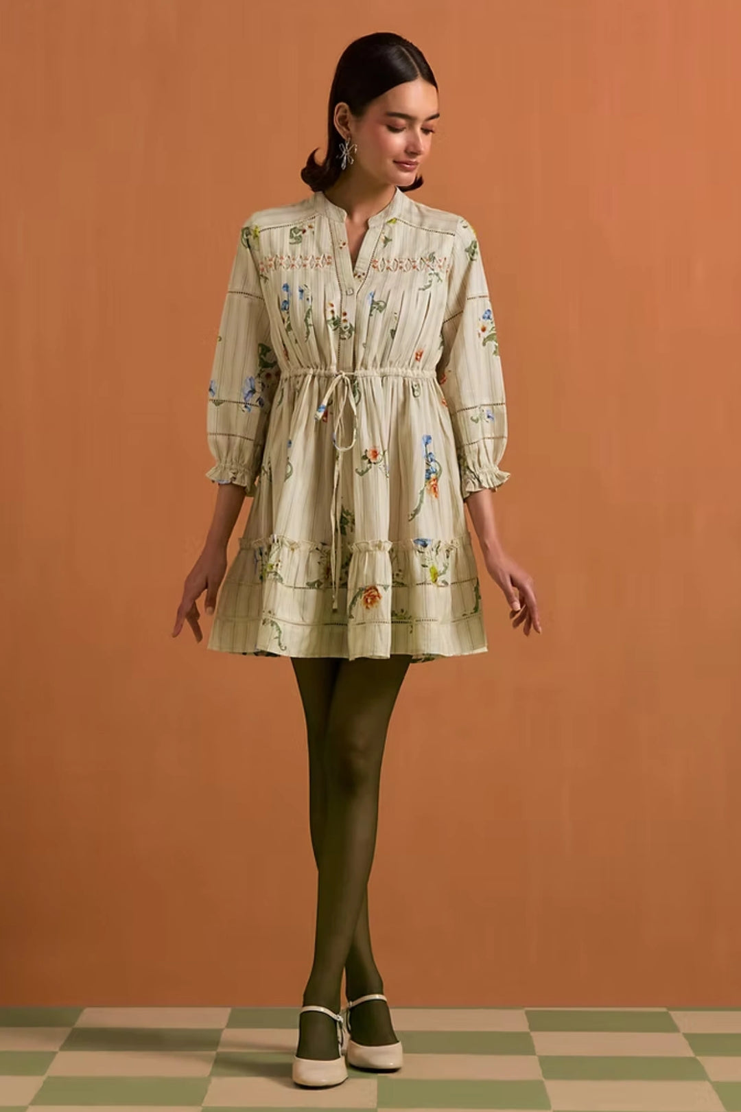 Verdant Stripe Mini Dress- Ivory