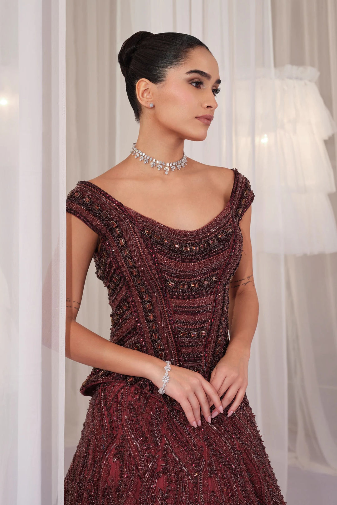 Deep Wine Hand Embellished Corset With Lehenga