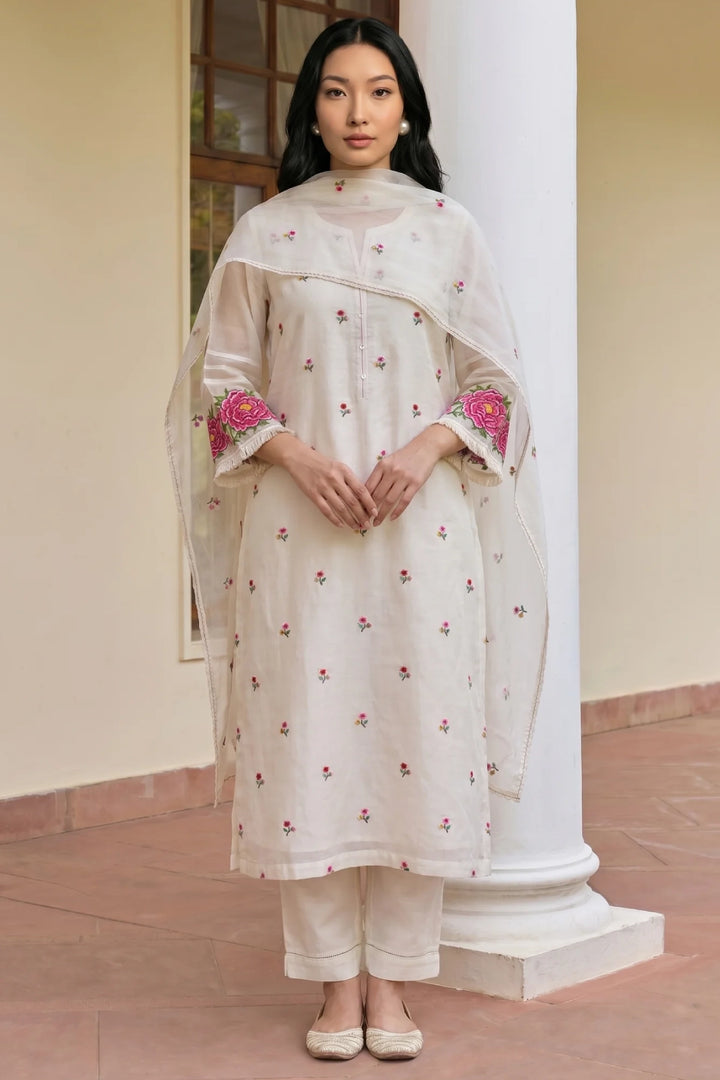 Zia Cross-Stitch Pure Mul Chanderi Kurta Set