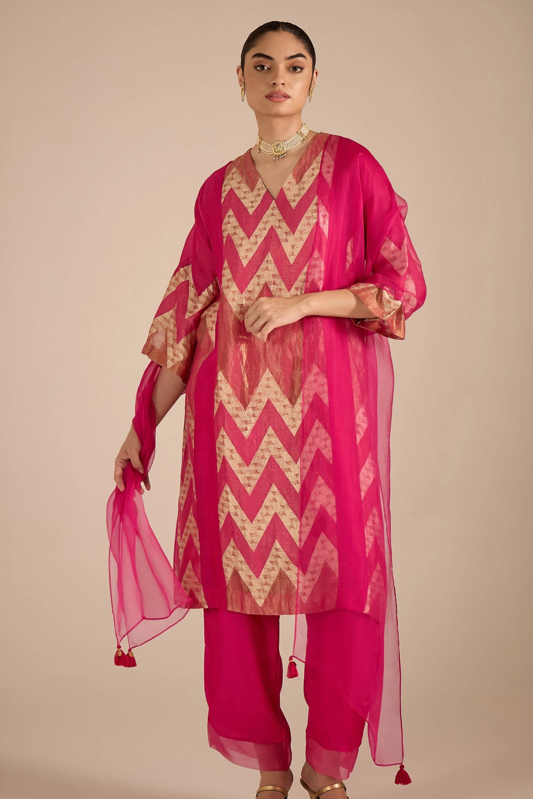 Pink and Gold Chevron Choga Set
