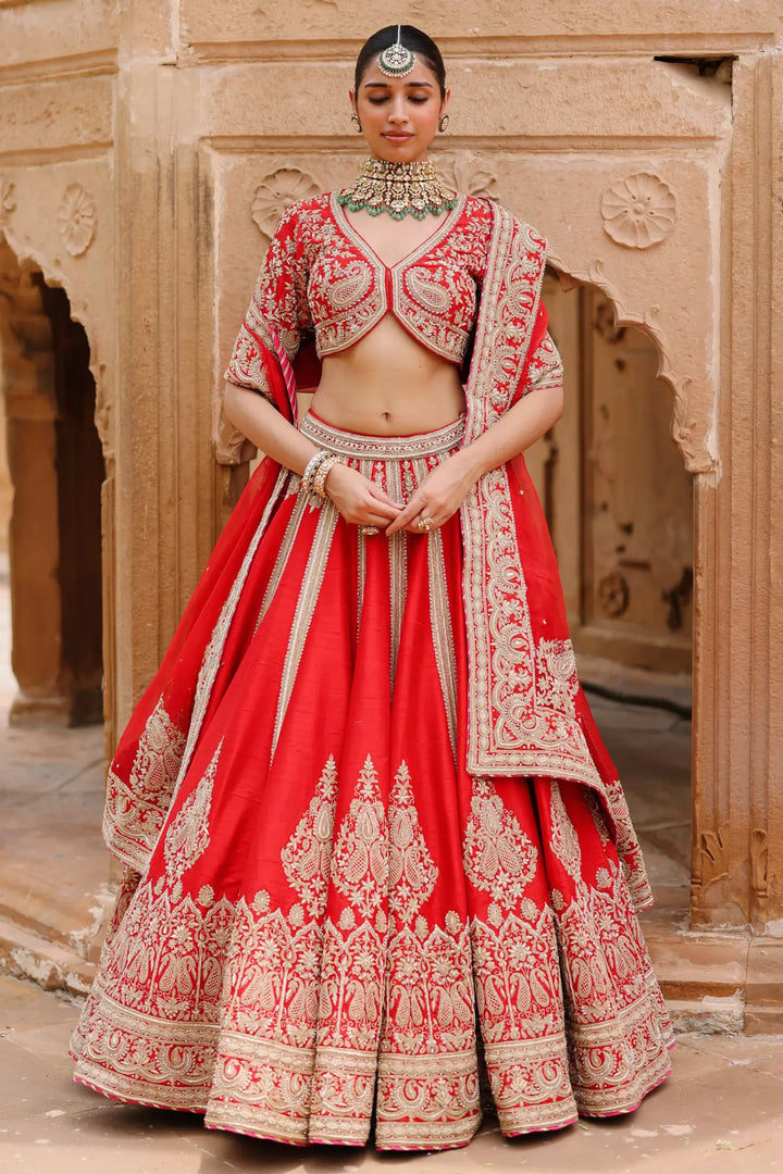 Mahroz - Deep Red Lehenga Set with Blouse & Dupatta