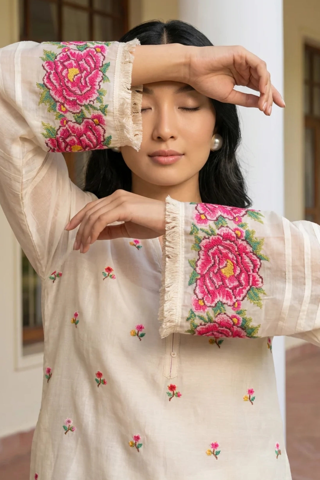 Zia Cross-Stitch Pure Mul Chanderi Kurta Set