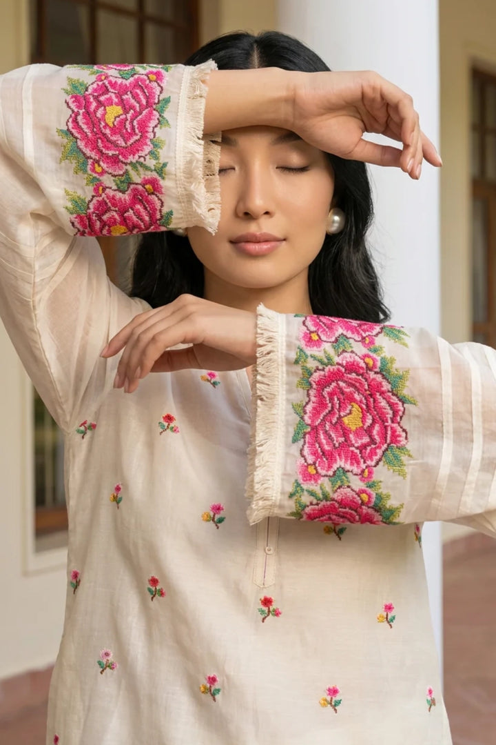 Zia Cross-Stitch Pure Mul Chanderi Kurta Set