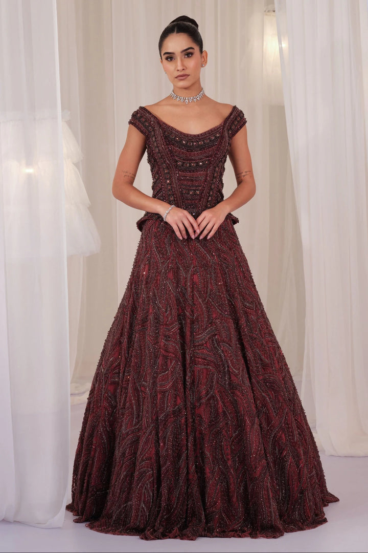 Deep Wine Hand Embellished Corset With Lehenga