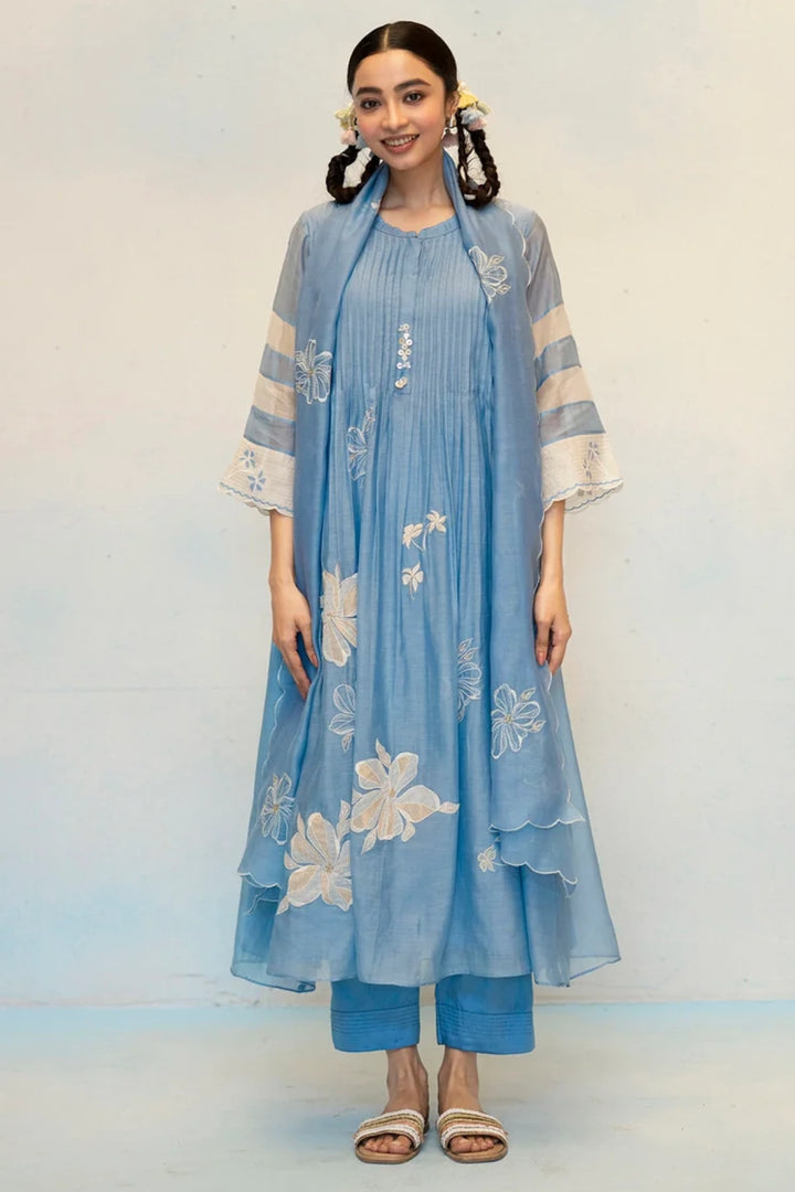Zara Mul Chanderi Tunic Set in Blue