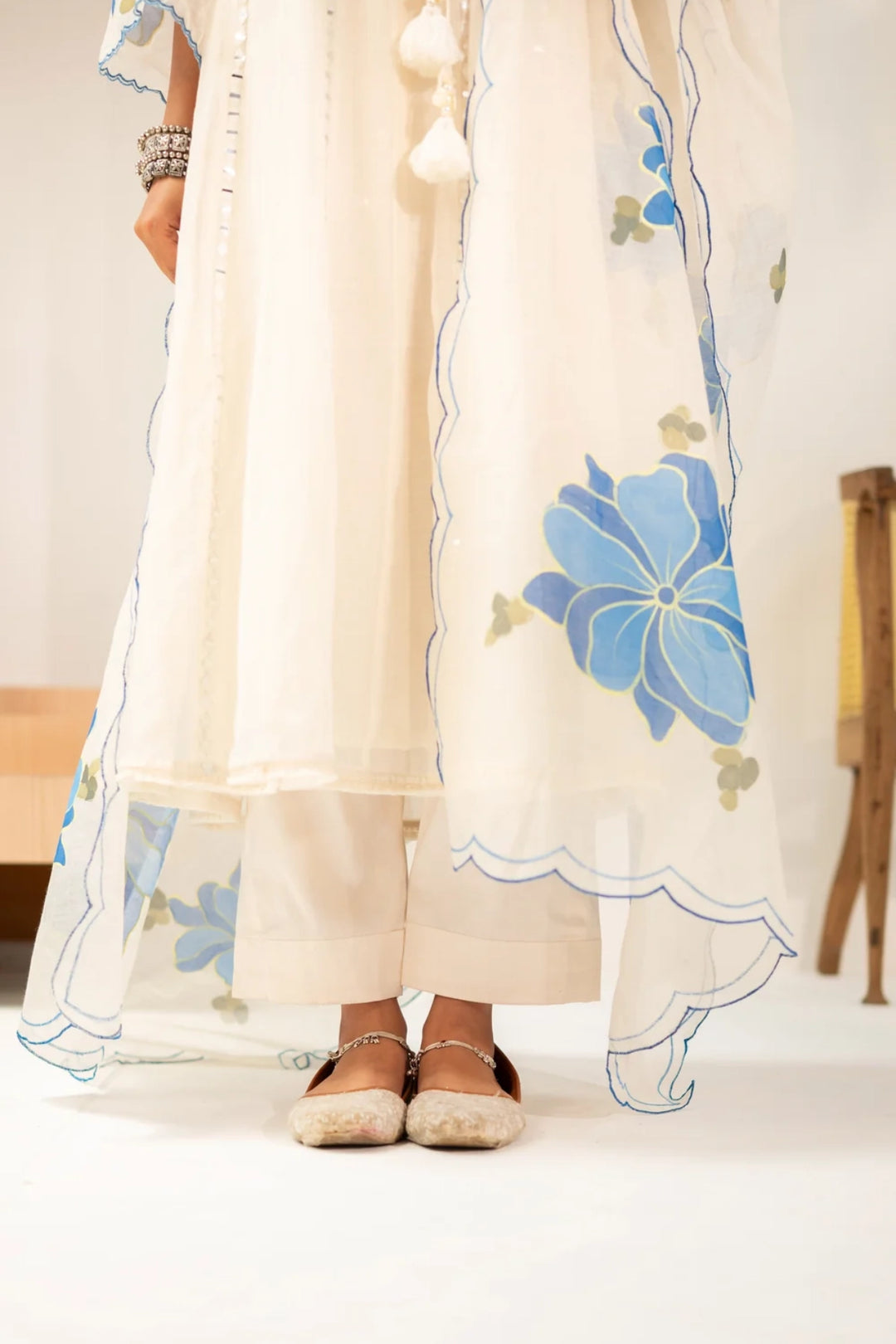 Zoya Mul Chanderi Anarkali Set in Off-White