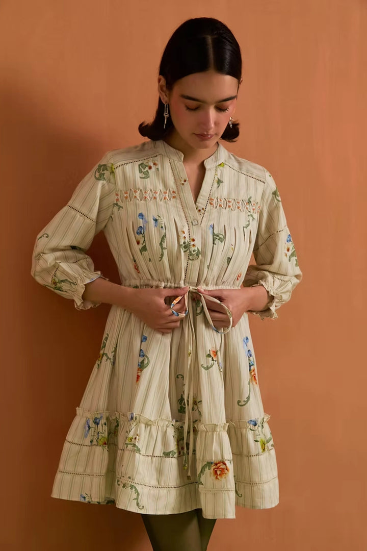 Verdant Stripe Mini Dress- Ivory
