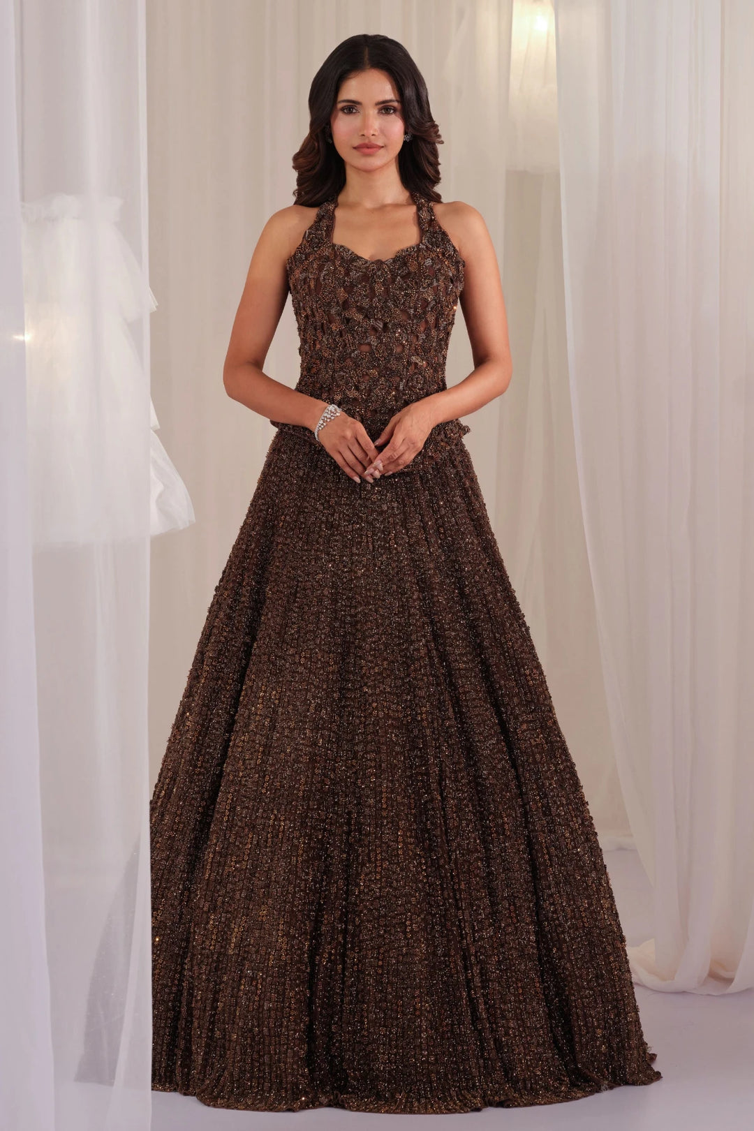 Metallic Coffee Brown Hand Embellished Corset With Lehenga