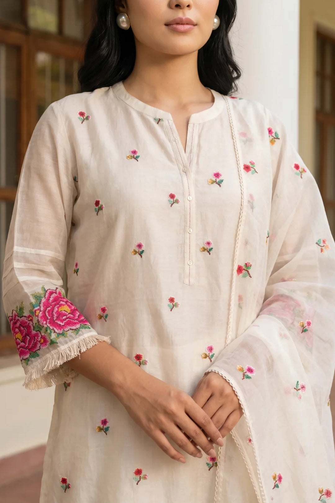Zia Cross-Stitch Pure Mul Chanderi Kurta Set