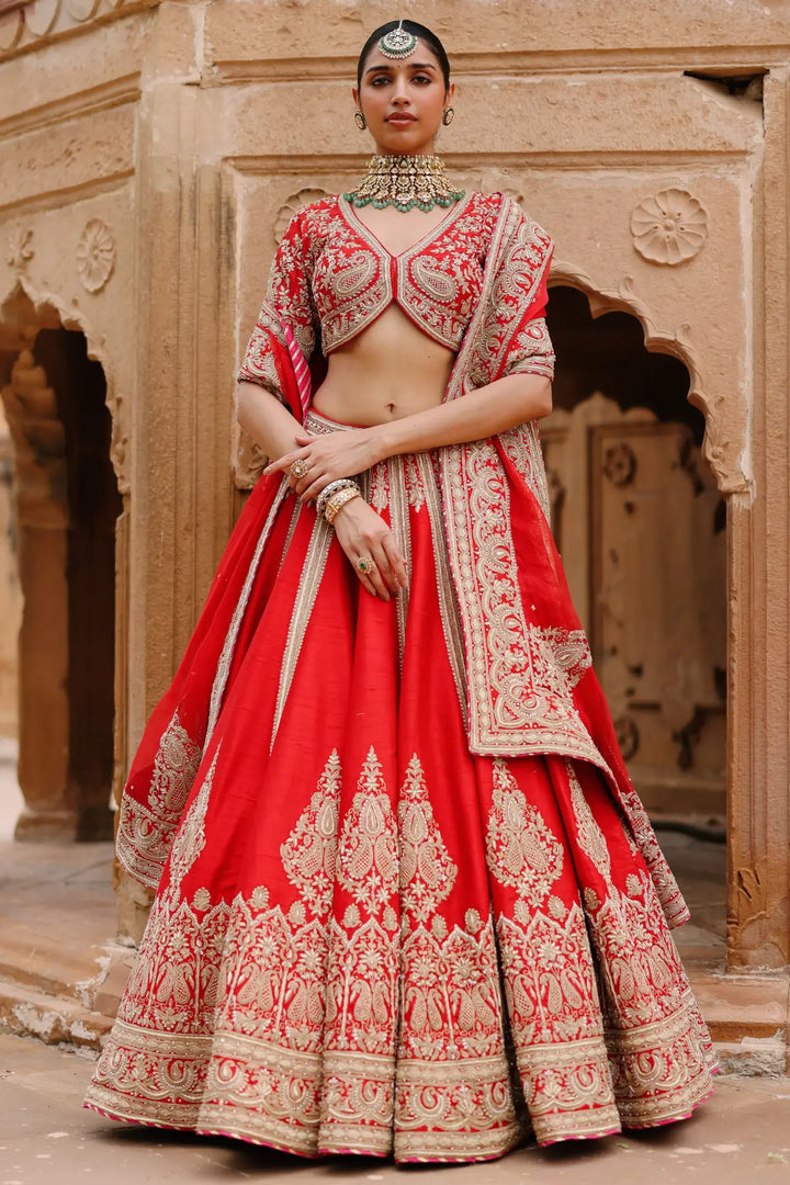 Mahroz - Deep Red Lehenga Set with Blouse & Dupatta