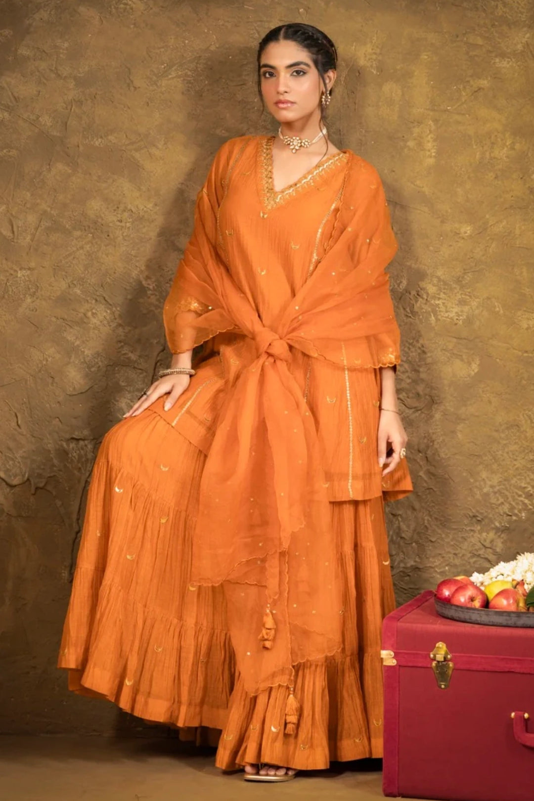 Rust Orange Chand Booti Sharara Set