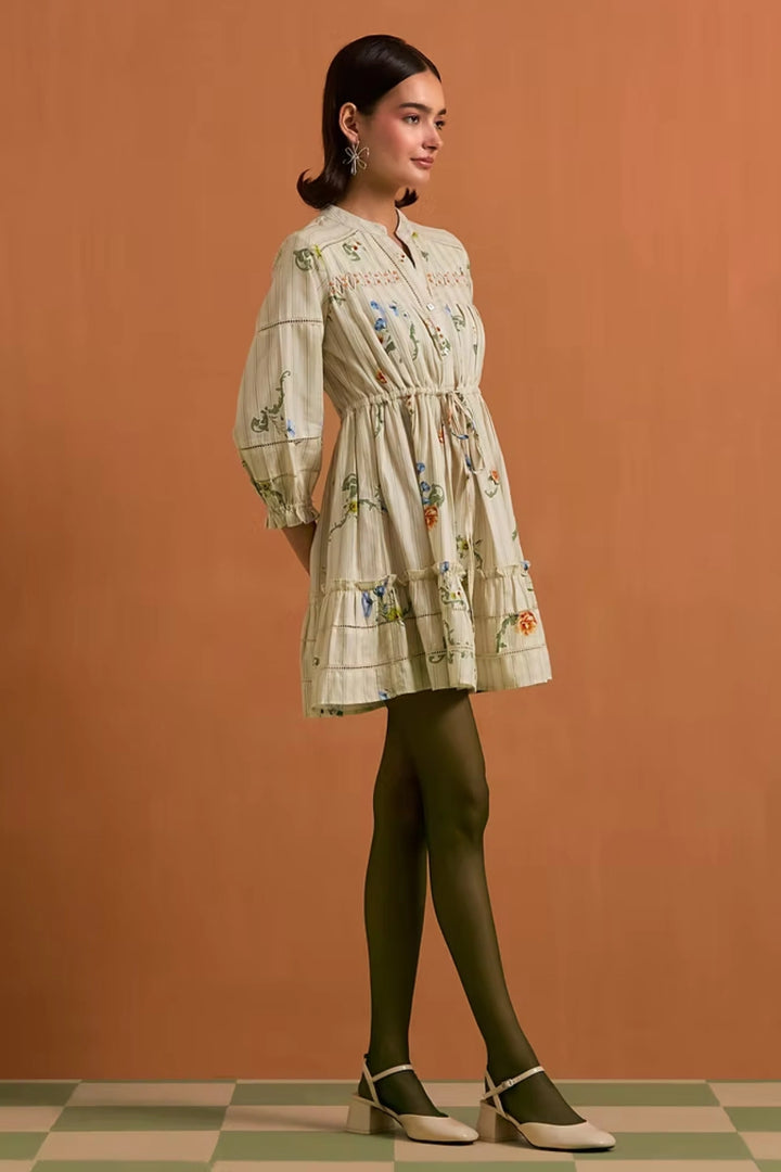 Verdant Stripe Mini Dress- Ivory