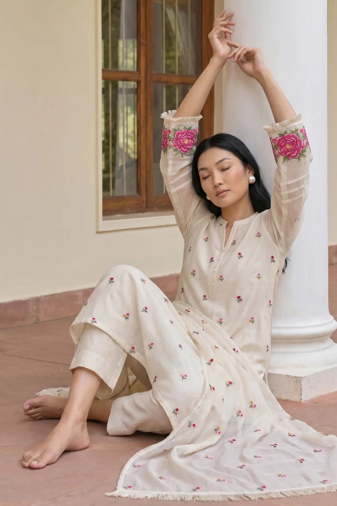 Zia Cross-Stitch Pure Mul Chanderi Kurta Set