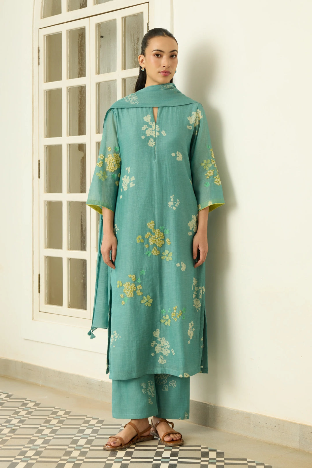 Aqua Floral Applique Kurta Set