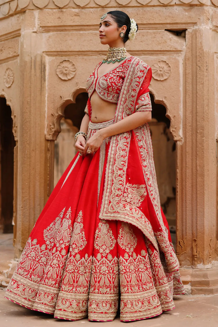 Mahroz - Deep Red Lehenga Set with Blouse & Dupatta