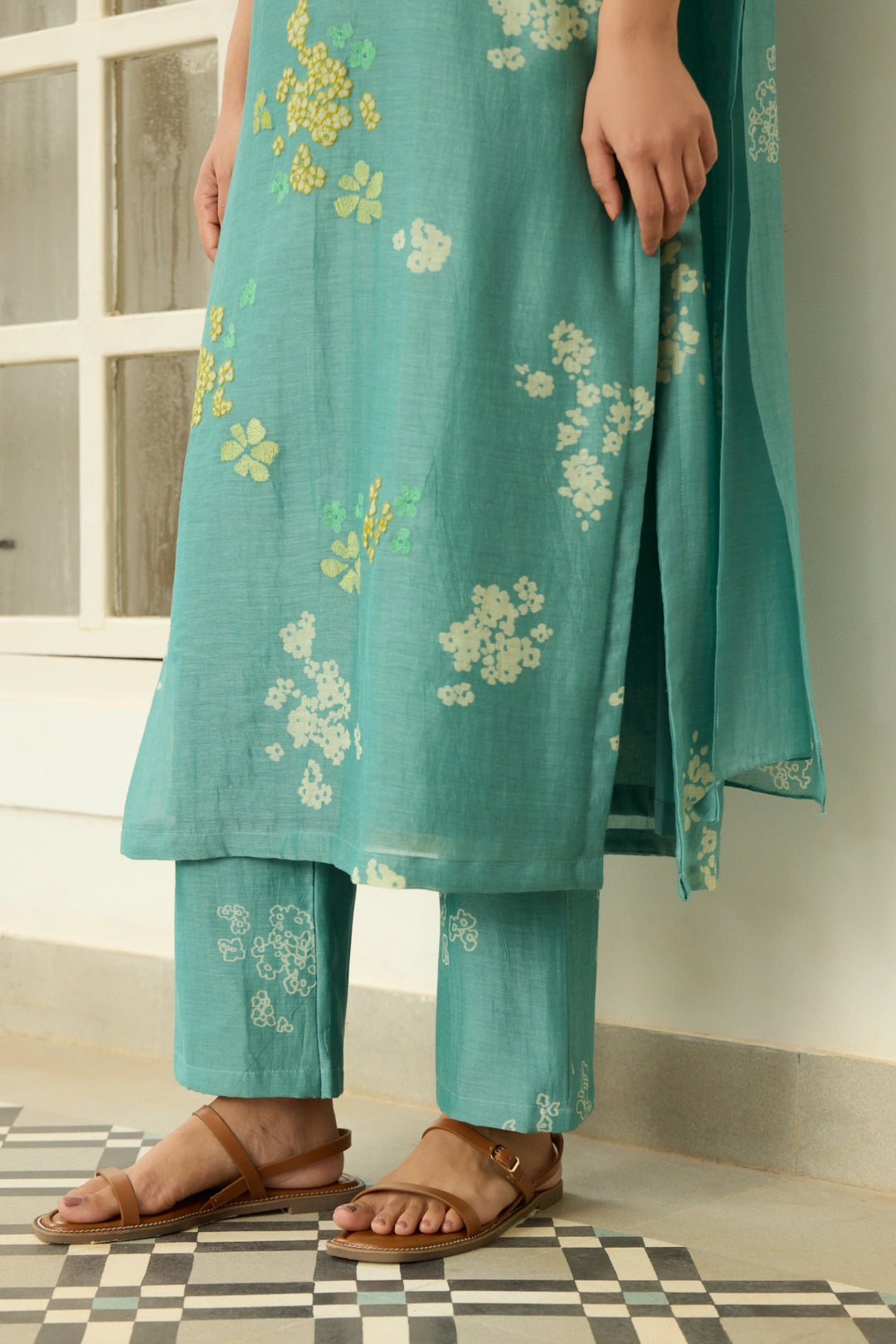 Aqua Floral Applique Kurta Set