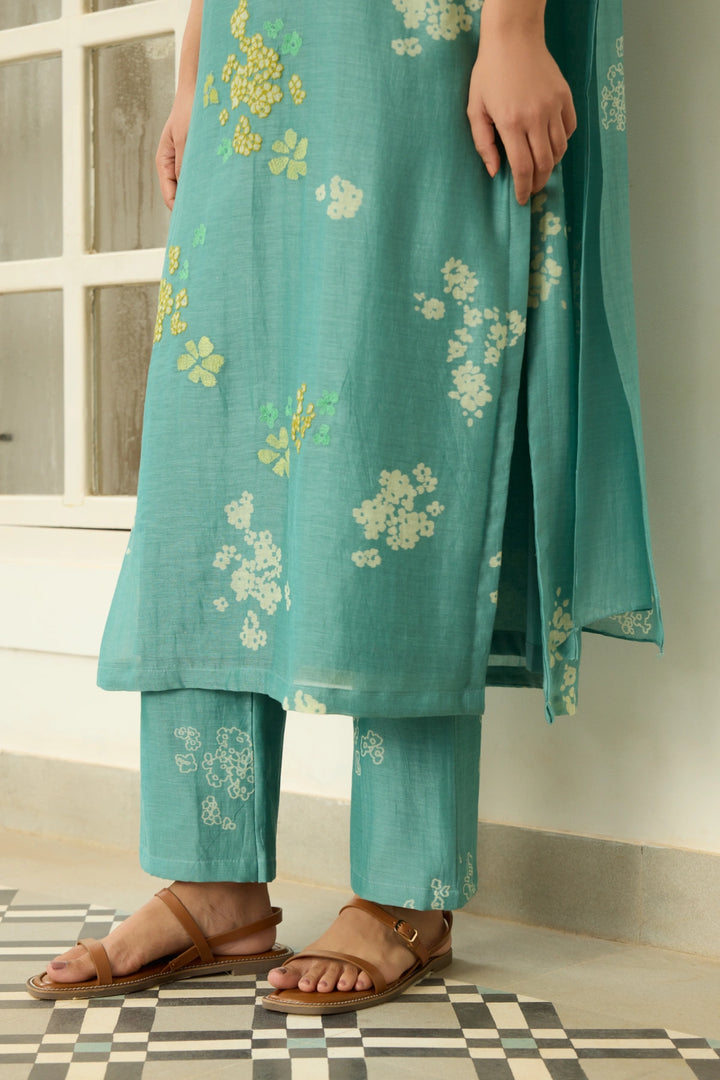 Aqua Floral Applique Kurta Set