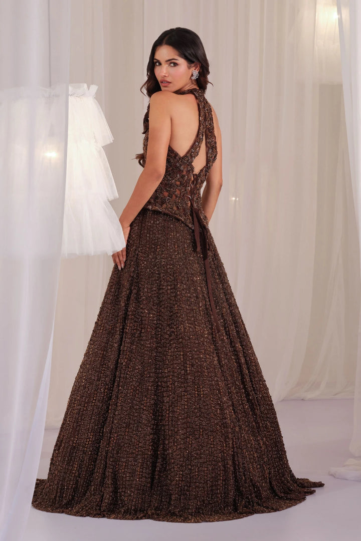 Metallic Coffee Brown Hand Embellished Corset With Lehenga