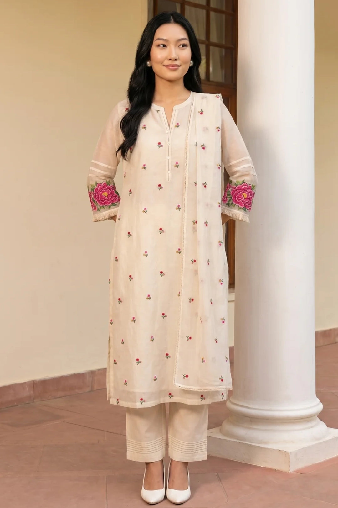 Zia Cross-Stitch Pure Mul Chanderi Kurta Set