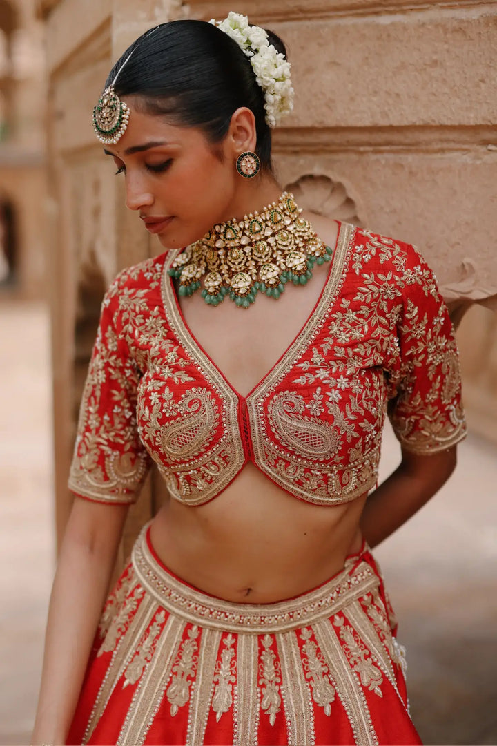 Mahroz - Deep Red Lehenga Set with Blouse & Dupatta