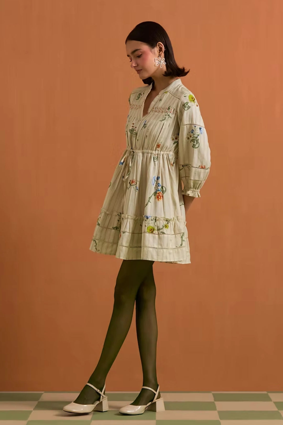 Verdant Stripe Mini Dress- Ivory