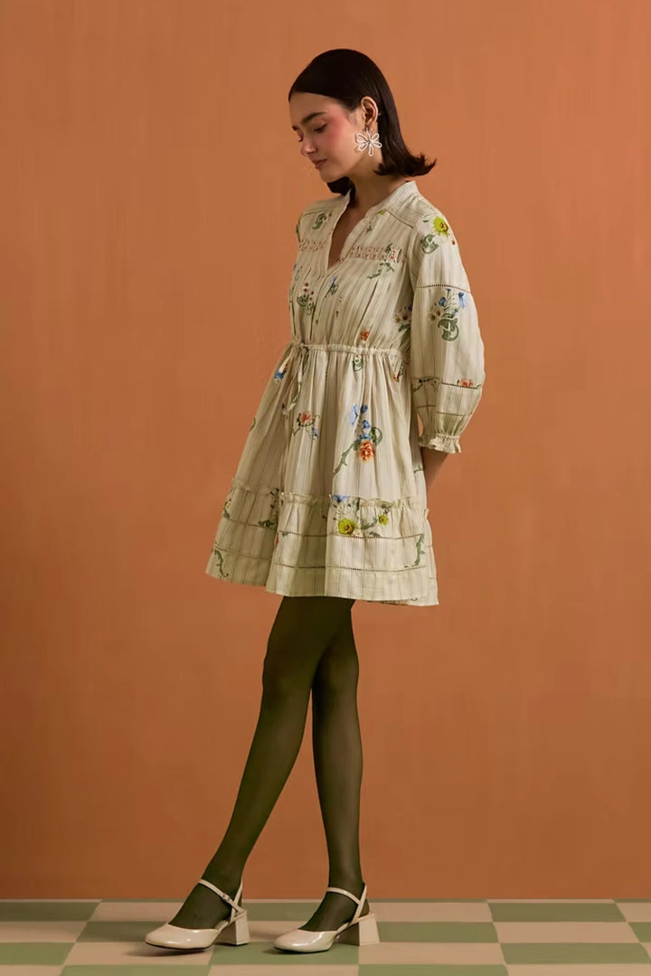 Verdant Stripe Mini Dress- Ivory