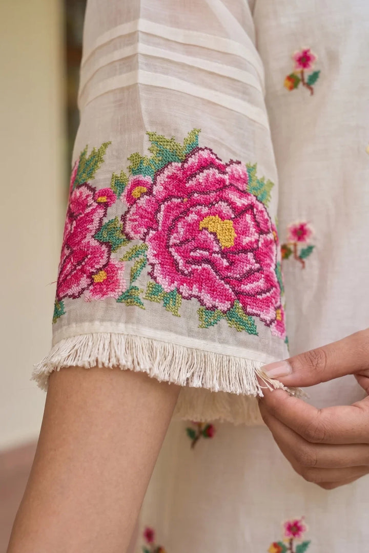 Zia Cross-Stitch Pure Mul Chanderi Kurta Set
