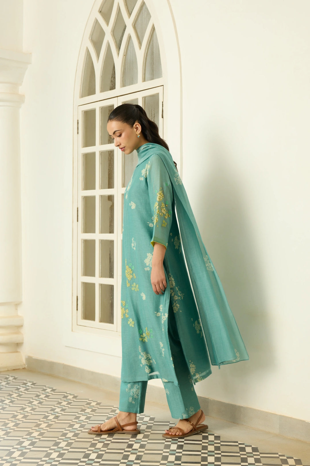 Aqua Floral Applique Kurta Set