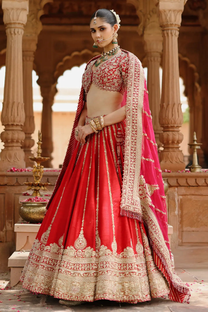 Roha - Deep Red Lehenga Set with Blouse & Dupatta