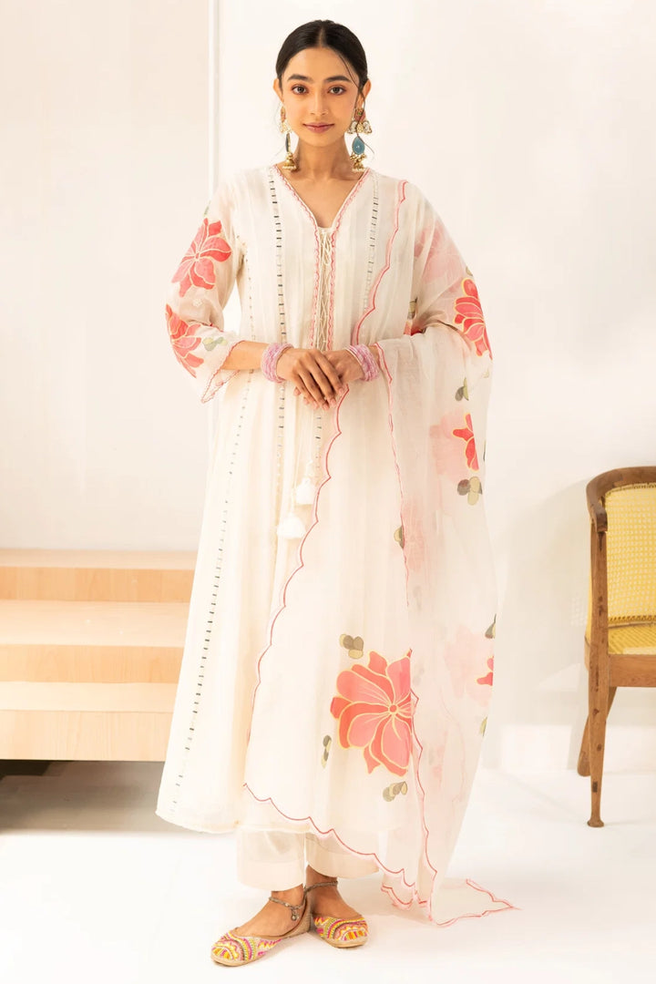 Zoya Mul Chanderi Anarkali Set in Off-White