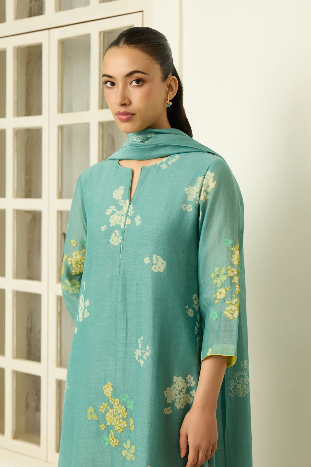 Aqua Floral Applique Kurta Set