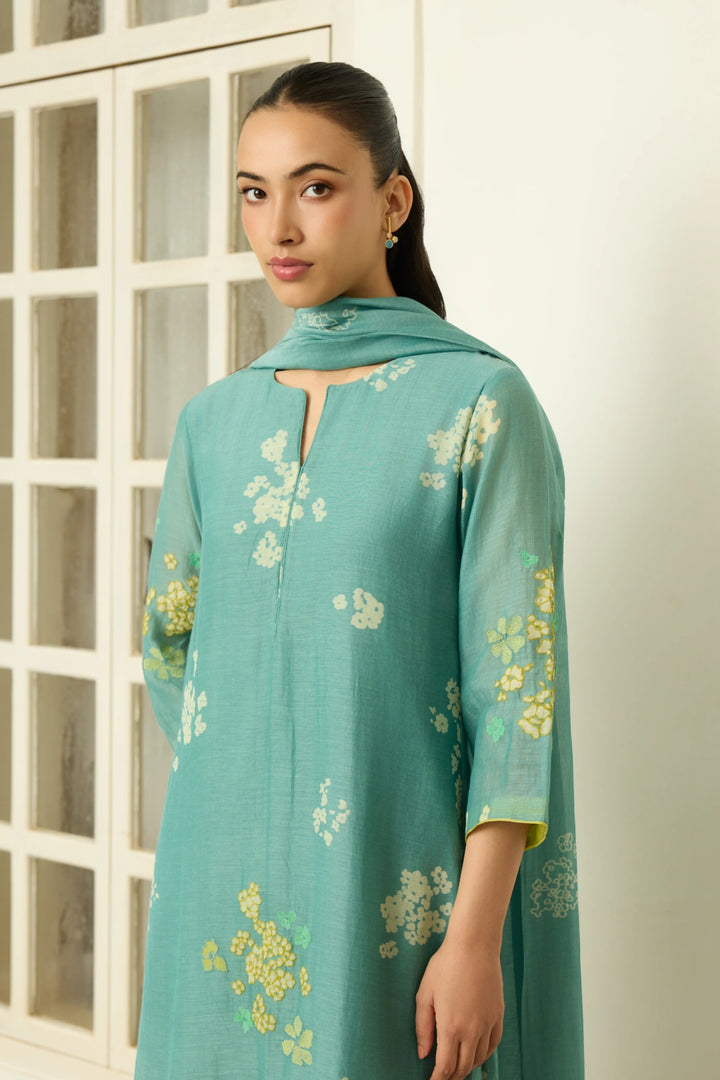 Aqua Floral Applique Kurta Set