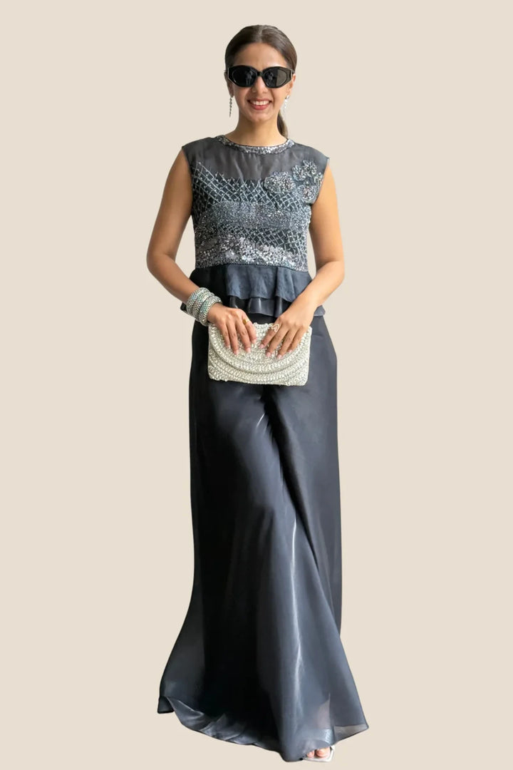 Blue Crop Peplum Organza Top with Pant