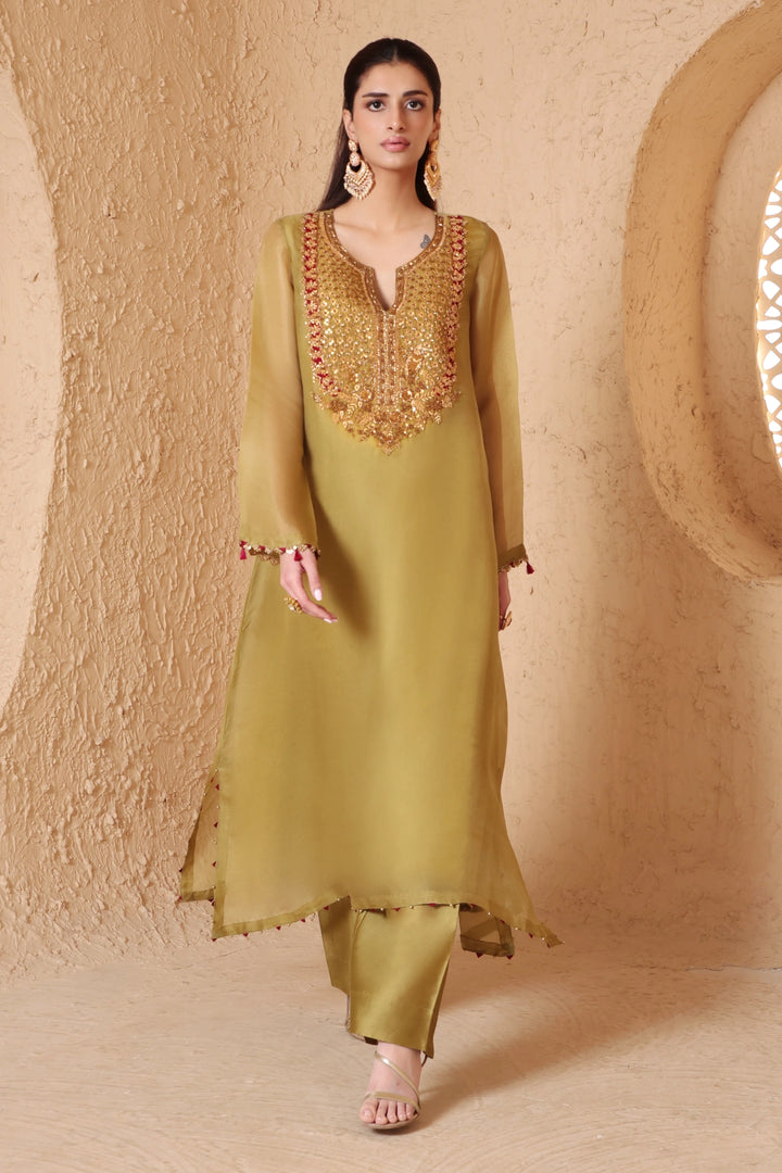 Mehrang Olive Green Heavy Neck Kurta Set