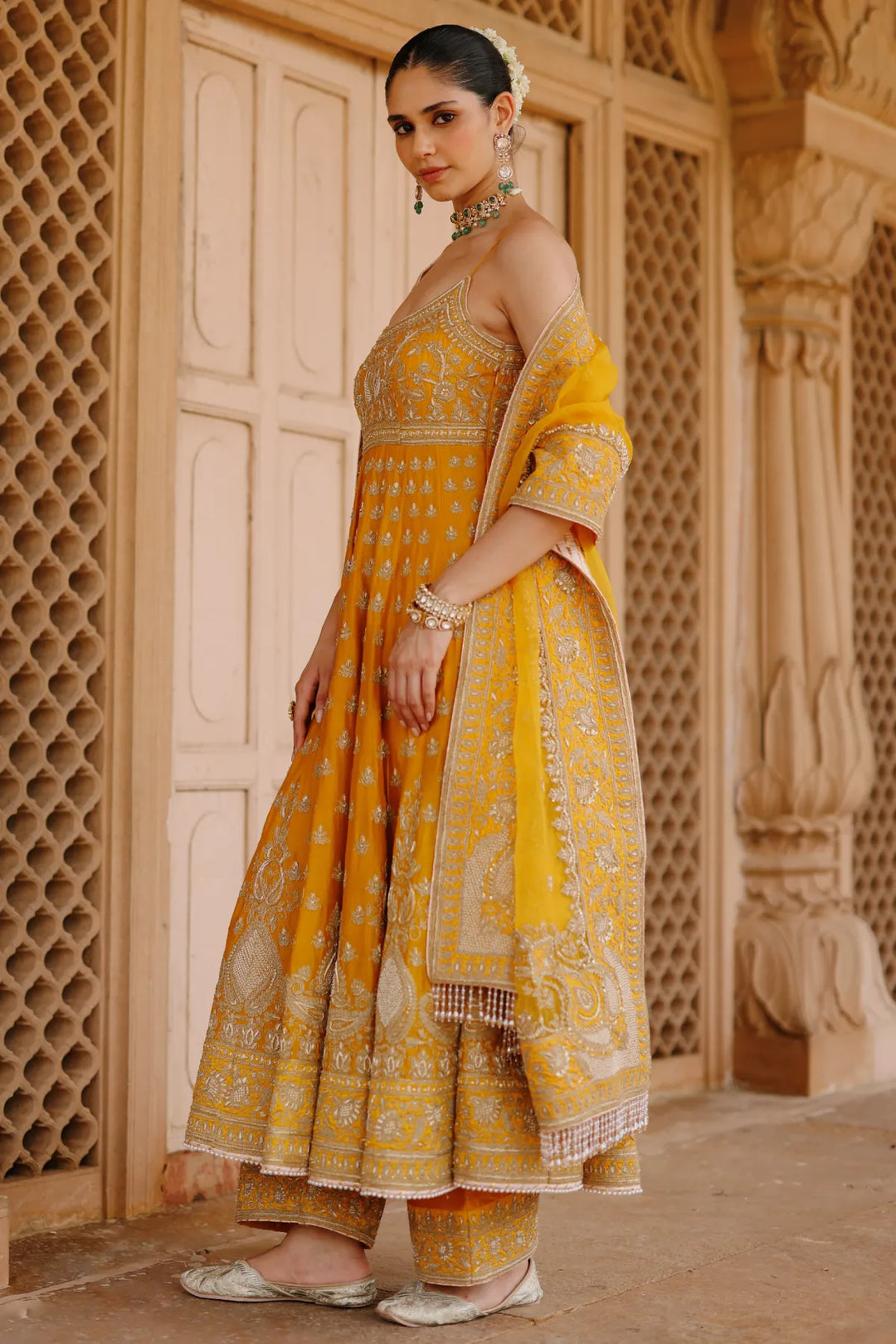 Afraa - Mustard Anarkali Set with Palazzo & Dupatta