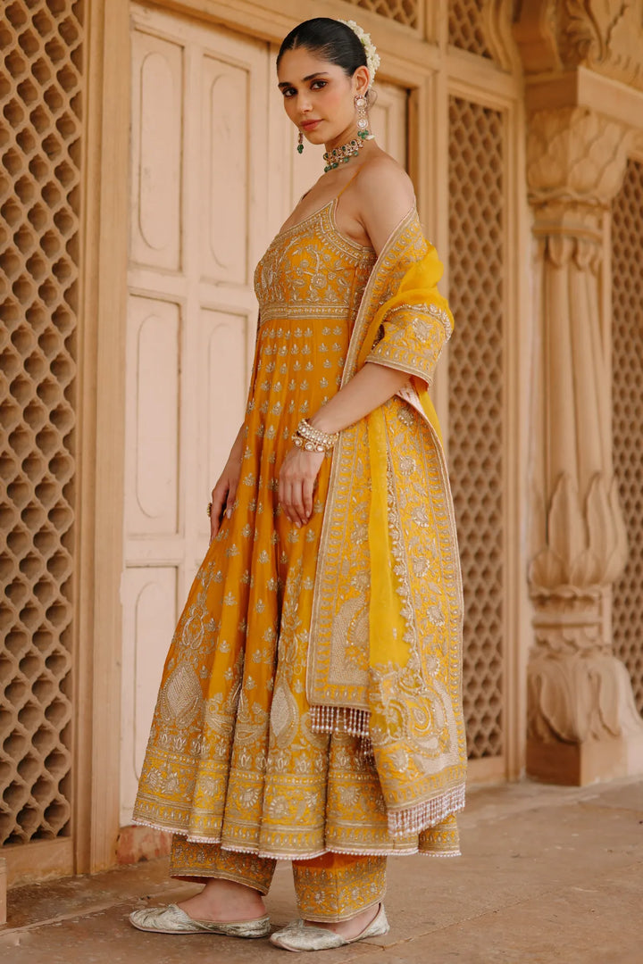 Afraa - Mustard Anarkali Set with Palazzo & Dupatta