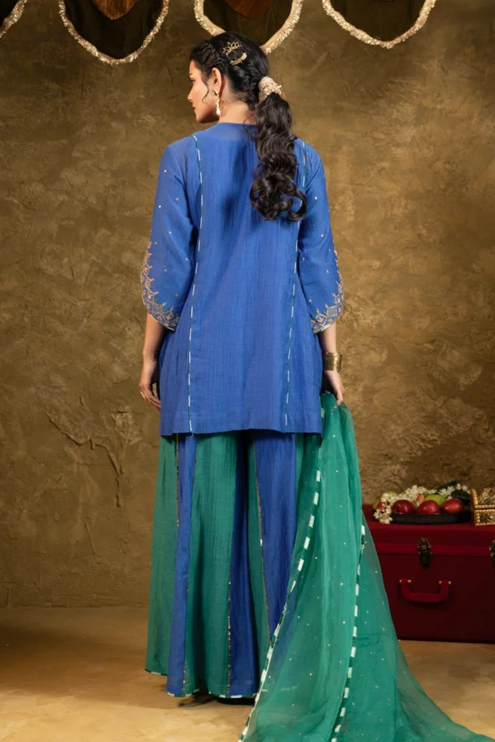 Antique Chowkadi Sharara Set - Blue + Green