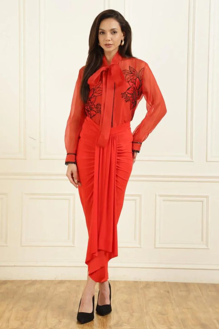 Women’s Sheer Organza Front Open Tie-Neck Scarlet red Shirt