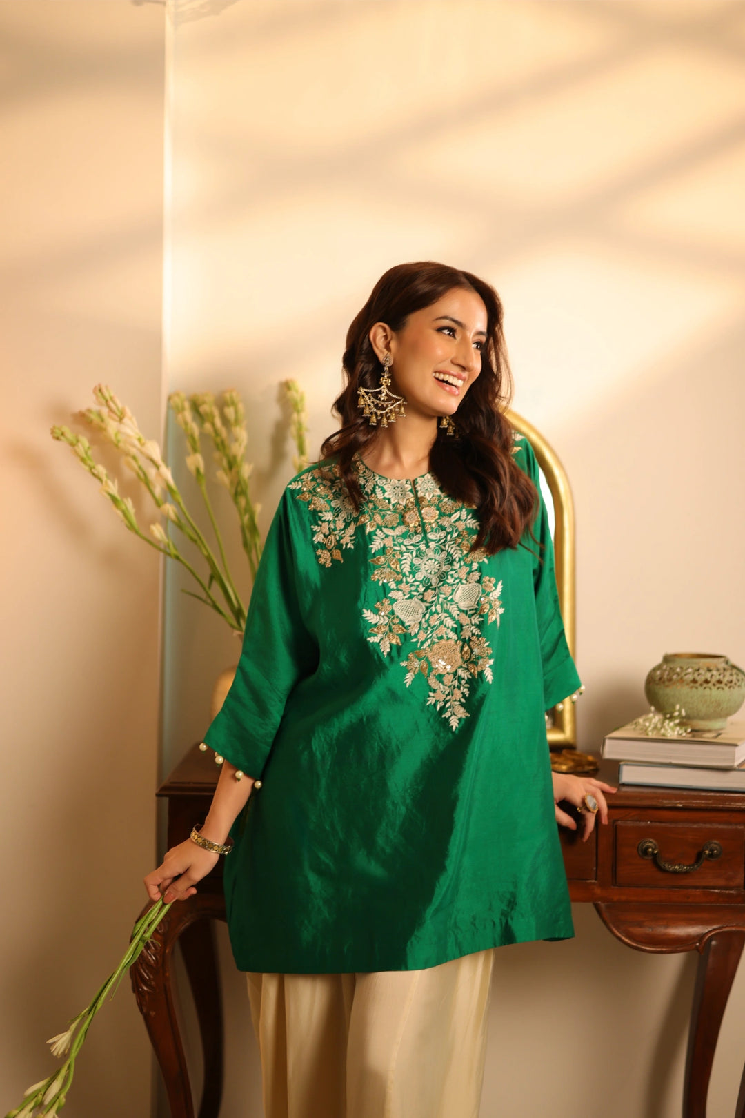 Juhi Boxy Top - Dhoti Pants Set Bottle Green