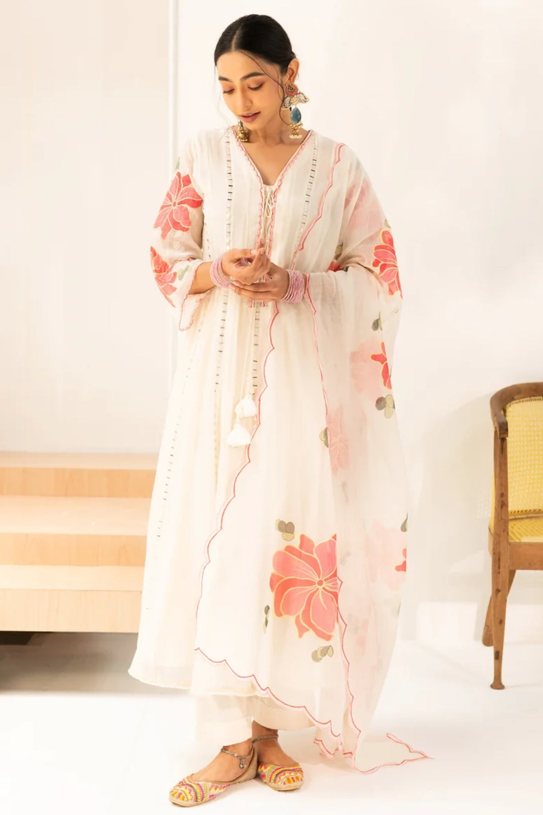 Zoya Mul Chanderi Anarkali Set in Off-White