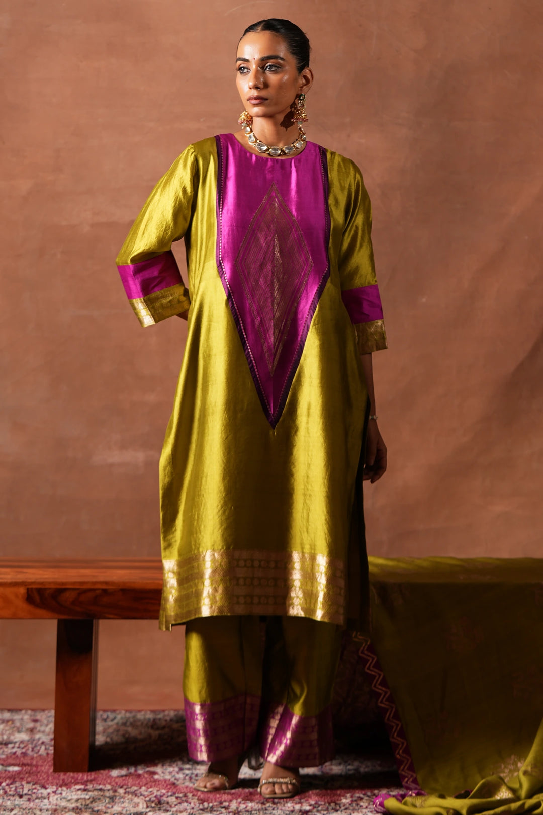 The Lime Green Panelled Kurta Set