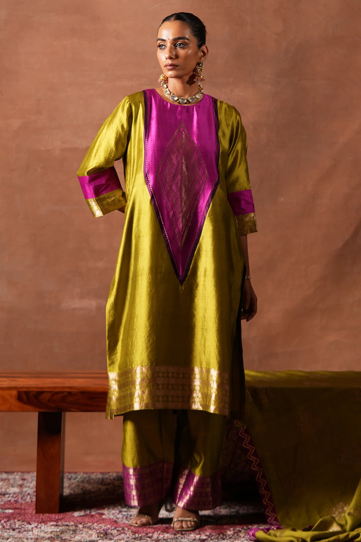 The Lime Green Panelled Kurta Set