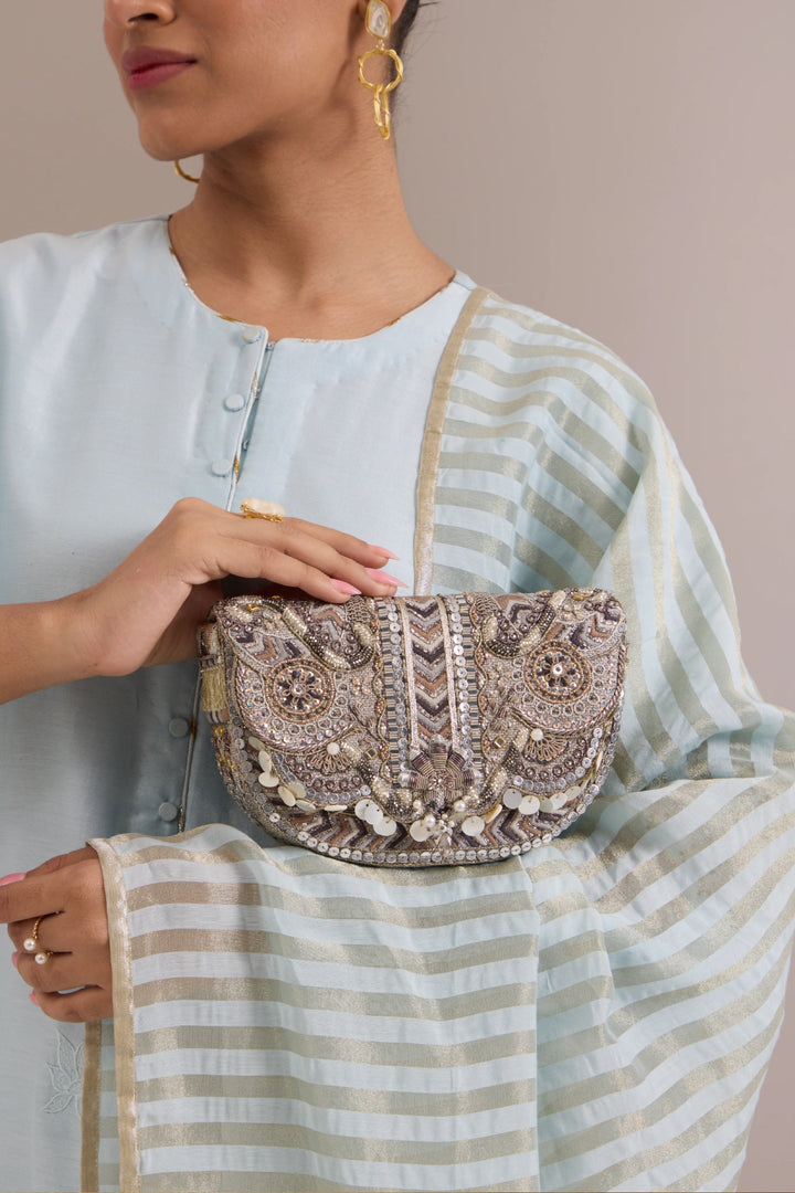 Rangrez Flapover Clutch - Pewter Silver