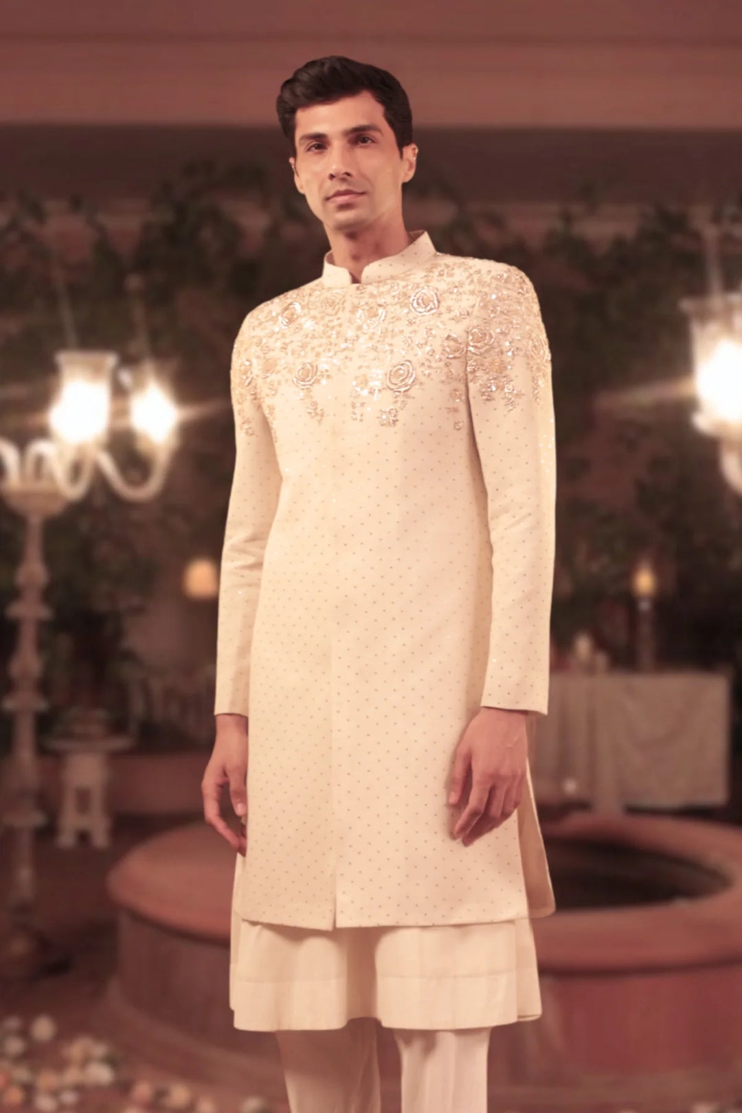Ivory Pure & Premium Georgette Mukaish & Zardozi Sherwani